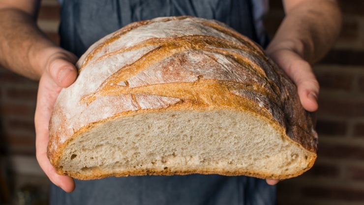 Una persona tiene in mano mezzo filone di pane