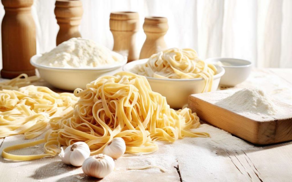 Ingredienti per la pasta all'uovo su un tavolo
